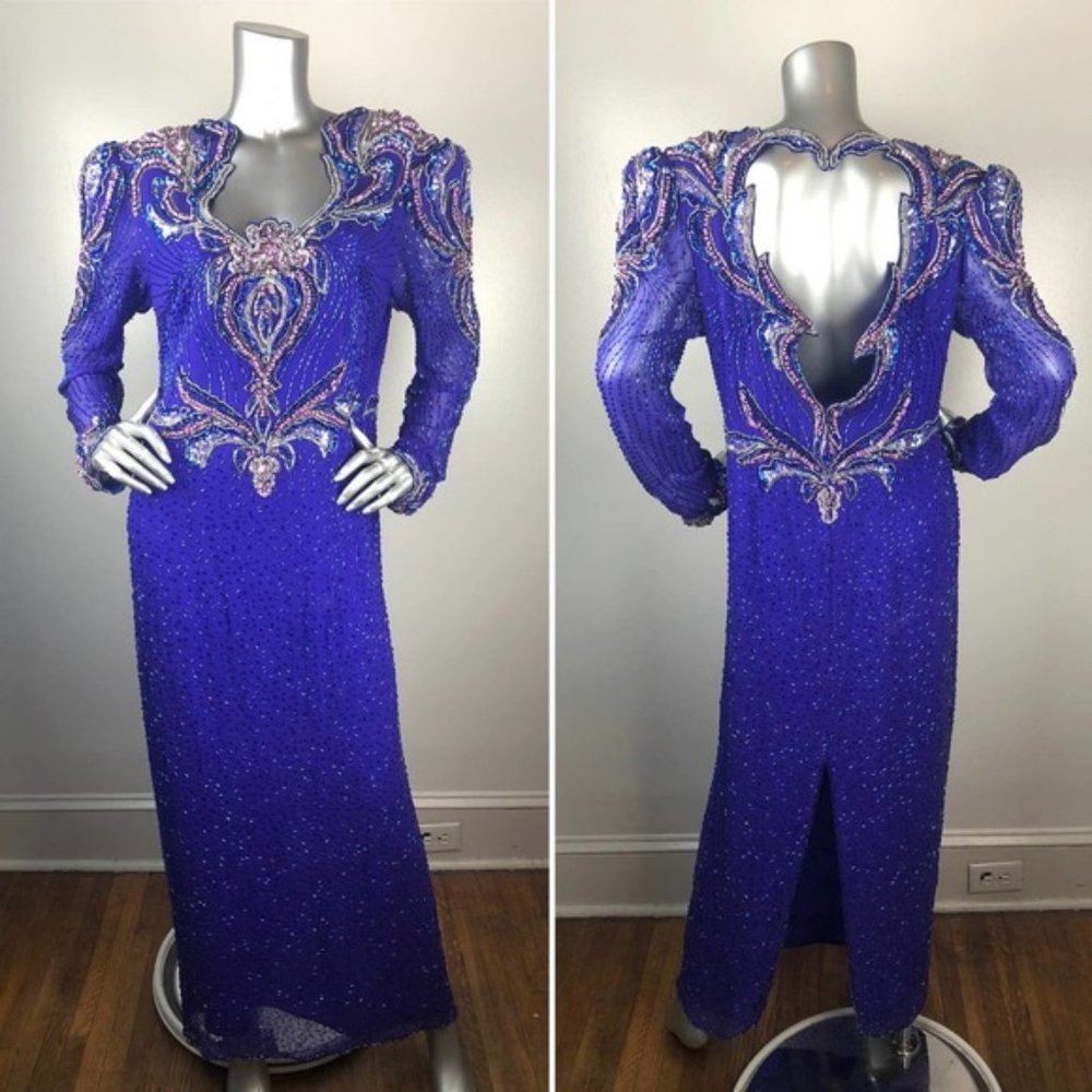 Beaded long sleeved evening gown